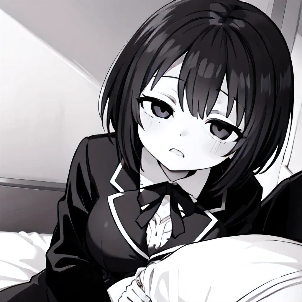 ((( Line art ))),((( monochrome:1.1))) ,1girl,1boy ,pov_arm_hug,iris , Dark Eyes ,( small eyes ),(Slanted Eyes) ,(black hair),( short hair ),bangs ,(half closed eyes),(((short stature:1.2))),(black blazer ),white shirt ,red ribbon ,(big breasts ), (disproportionate breasts) ,in the house ,(((sitting side bed ))),in bedroom,upper body ,(((girl focus))),looking at down,