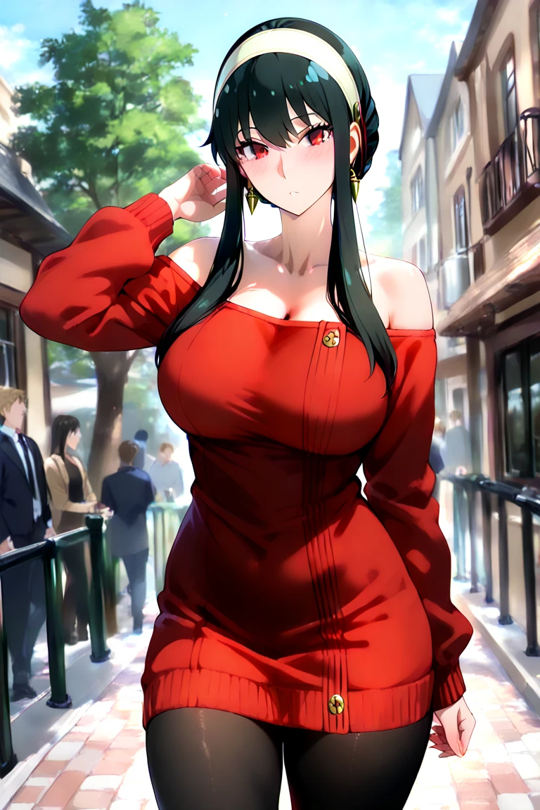 yorbriar, yor briar, black hair, (red eyes:1.5), earrings, white hairband, hairband,
BREAK black bikini , big breasts, wide hips , milf body ,((( crowded public , everyone looking, flashing her body , flashing her coat , smile))) , emb
BREAK outdoors, city, sky, sun, clouds,
BREAK looking at viewer, (cowboy shot:1.5),
BREAK (masterpiece:1.2), best quality, high resolution, unity 8k wallpaper, (illustration:0.8), (beautiful detailed eyes:1.6), extremely detailed face, perfect lighting, extremely detailed CG, (perfect hands, perfect anatomy),