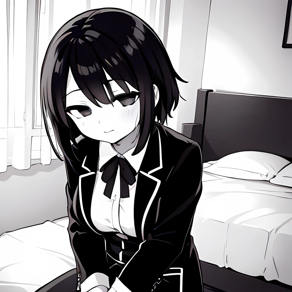 ((( Line art ))),((( monochrome:1.1))) ,1girl,1boy ,pov_arm_hug,iris , Dark Eyes ,( small eyes ),(Slanted Eyes) ,(black hair),( short hair ),bangs ,(half closed eyes),(((short stature:1.2))),(black blazer ),white shirt ,red ribbon ,(big breasts ), (disproportionate breasts) ,in the house ,(((sitting side bed ))),in bedroom,upper body ,(((girl focus))),looking at down,