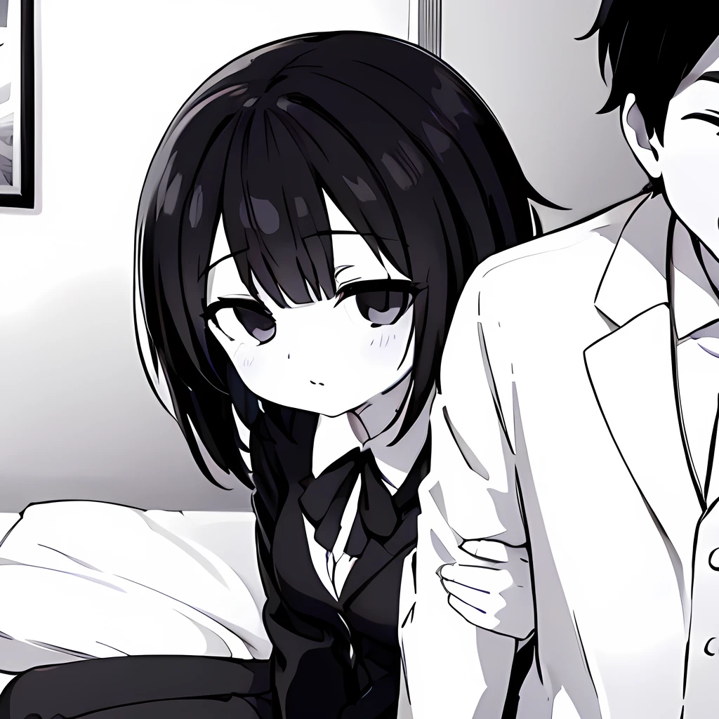 ((( Line art ))),((( monochrome:1.1))) ,1girl,1boy ,pov_arm_hug,iris , Dark Eyes ,( small eyes ),(Slanted Eyes) ,(black hair),( short hair ),bangs ,(half closed eyes),(((short stature:1.2))),(black blazer ),white shirt ,red ribbon ,(big breasts ), (disproportionate breasts) ,in the house ,(((sitting side bed ))),in bedroom,upper body ,(((girl focus))),looking at down,