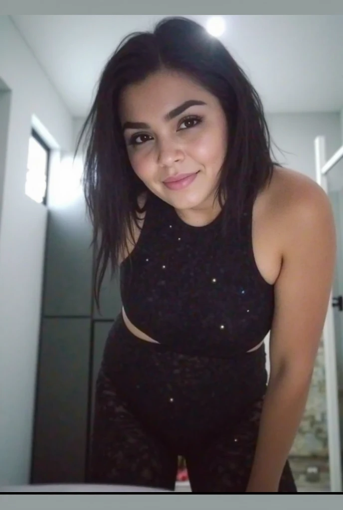 18-year-old girl crawling on the bed in her room wearing sexy clothes, what do I know her mother wears?. A very short blue skirt with a black mesh and lace garter belt, her beautiful black hair that waves to the middle of her shoulders, and her face smiles flirtatiously as she opens her legs and reveals her vagina, wet from the excitement it causes.