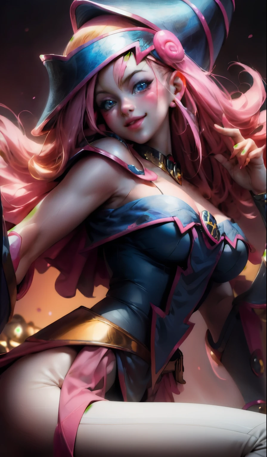 Beautiful face of dark wizard gils., blue eyes. pink lips. bright yellow hair. naked . big breasts, small pink nipples, angelic smile, beautiful well detailed face of the dark wizards gils. blowing a kiss. and winking. She is flirtatious with the viewer.. 