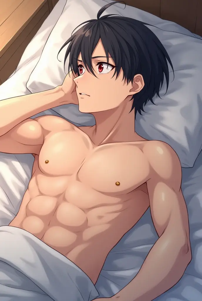 Japanese,boy,baby face,shy,shamed,plaid underwear,abs,groin,on a bed,thigh,armpit,morning wood,