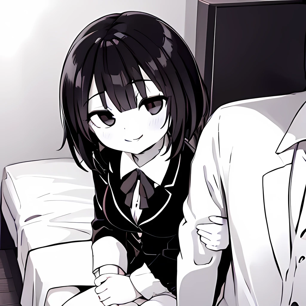 ((( Line art ))),((( monochrome:1.1))) ,1girl,1boy ,pov_arm_hug,iris , Dark Eyes ,( small eyes ),(Slanted Eyes) ,(black hair),( short hair ),bangs ,(half closed eyes),smile,(((short stature:1.2))),(black blazer ),white shirt ,red ribbon ,(big breasts ), (disproportionate breasts) ,in the house ,(((sitting side bed ))),in bedroom,upper body ,(((girl focus))),looking at down,