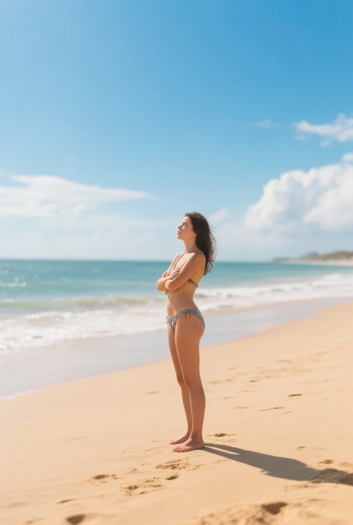 A serene and breathtaking image of a woman standing in crystal-clear, shallow turquoise water, with the sun shining brightly through scattered clouds in the bright blue sky. The woman, seen from the waist down submerged in the water and from the waist up above the water's surface, has long, wet hair cascading down her back. She appears to be fully immersed in the peaceful and tranquil surroundings, with the sandy seabed visible through the water, adorned with patches of coral or rocks. The scene captures the essence of a tropical paradise, invoking a sense of natural beauty and serenity.