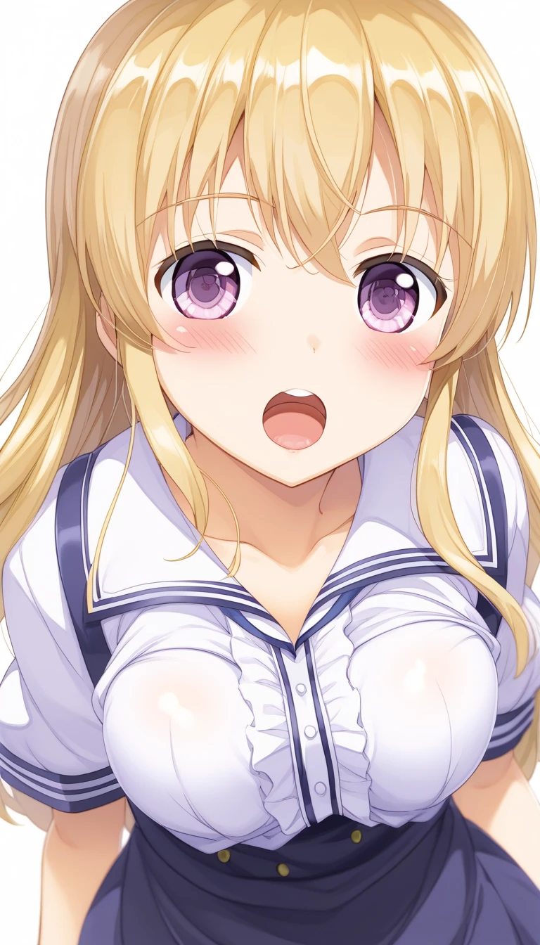 A woman is pushed down on the bed and looks embarrassed, on her back, wearing a sailor suit, breasts visible, skirt pulled up for sex, panties visible, missionary position, erotic face,POV, mouth wide open and screaming, face Blushing, pleasure face.