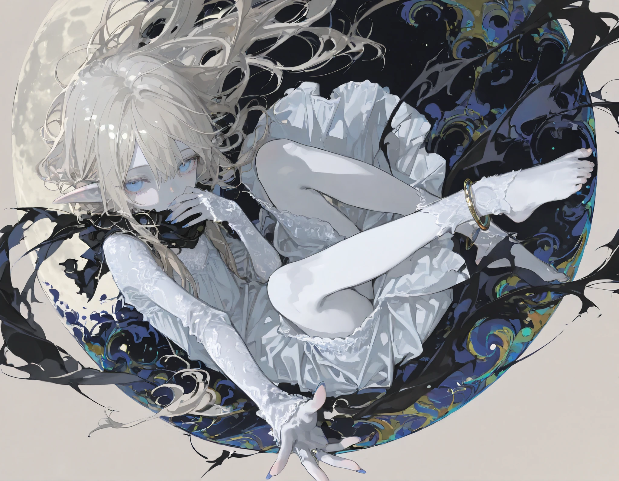 {{{masterpiece}}}, {{{best quality}}}, {{ultra-detailed}}, {illustration}, {{an extremely delicate and beautiful}},(beautiful detailed eyes),(levitating girl,toddler,,elf, white skin,solo,Expressionless),(masterpiece, Best Quality, Very detailed, characters), (long hair,beige hair,blue eyes, beautiful jewelry),(long nails:0.6, barefoot),(skinny body),(full shot),lace long skirt,lace long sleeve dress,from above,(background moon), (moody lighting, underlighting, sharp shadows),anklet, (lace long gloves),feather,(tailwind),lace scarf, fetal position, r17329_illu, cosmic eyes, upside-down face, falling down, bWlua, colorful, abstract, looking at viewer, lips, face focus, (spread arms), hand only, (covering mouth by scarf)