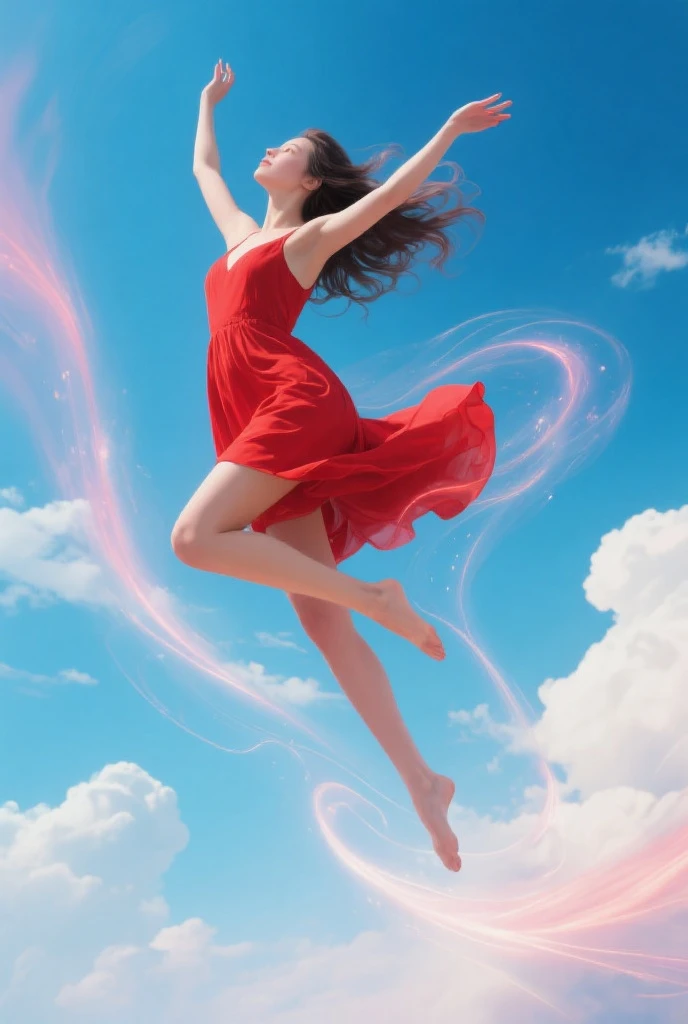 a girl with power, a pink aura of power, flying in the sky, dramatic sky with dramatic clouds in orange and pink tones, late afternoon, full body, looking at the viewer