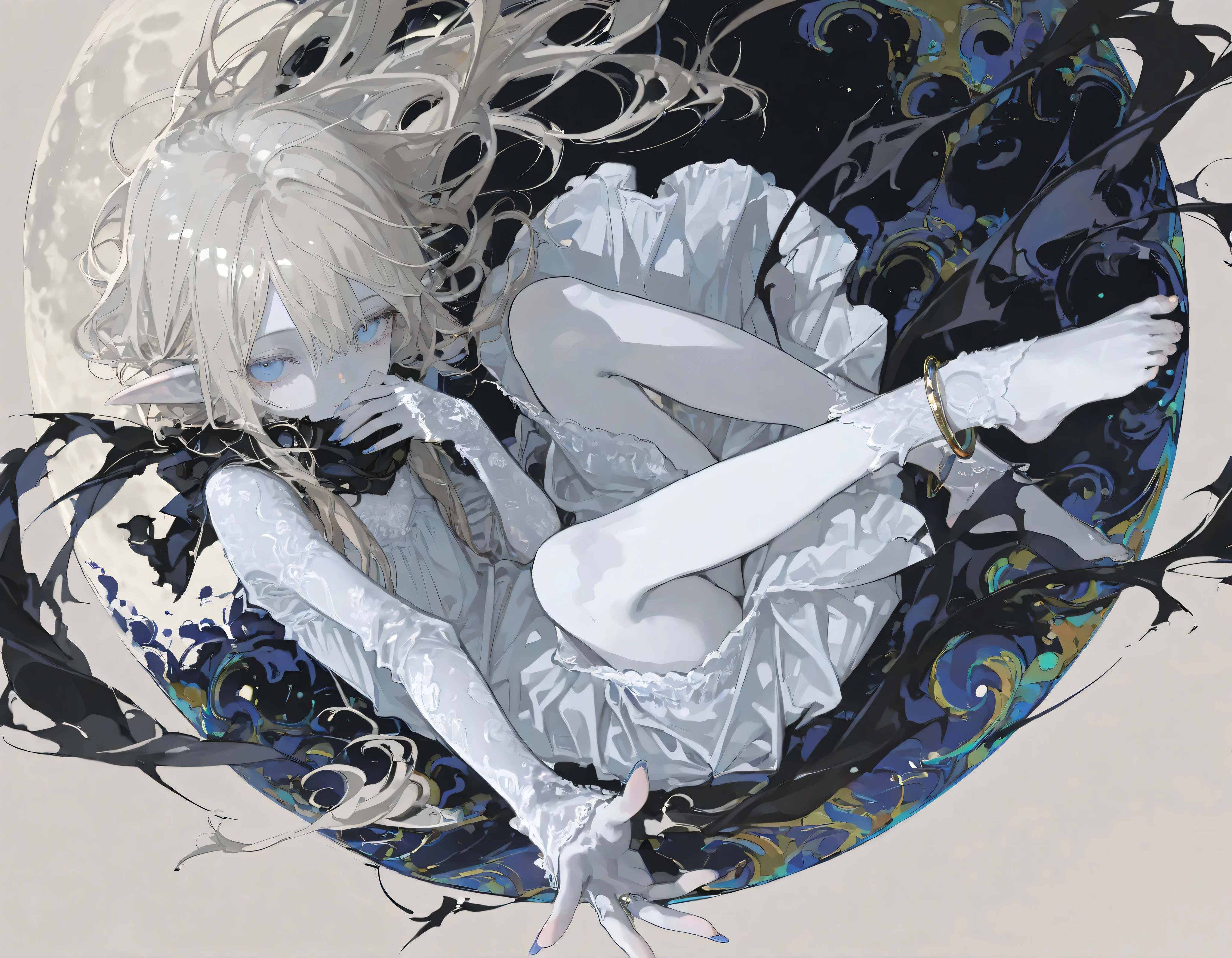 {{{masterpiece}}}, {{{best quality}}}, {{ultra-detailed}}, {illustration}, {{an extremely delicate and beautiful}},(beautiful detailed eyes),(levitating girl,toddler,,elf, white skin,solo,Expressionless),(masterpiece, Best Quality, Very detailed, characters), (long hair,beige hair,blue eyes, beautiful jewelry),(long nails:0.6, barefoot),(skinny body),(full shot),lace long skirt,lace long sleeve dress,from above,(background moon), (moody lighting, underlighting, sharp shadows),anklet, (lace long gloves),feather,(tailwind),lace scarf, fetal position, r17329_illu, cosmic eyes, upside-down face, falling down, bWlua, colorful, abstract, looking at viewer, lips, face focus, (spread arms), hand only, (covering mouth by scarf)