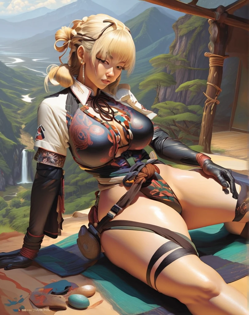 Create a fantasy image of a blonde, well-endowed barbarian warrior in a loincloth, nude, BIG TITS, sitting in a field of colorful flowers with a black tower in the background, absurd, high resolution, ultra-sharp, 8K, masterpiece, looking at the viewer,(((from below)))
