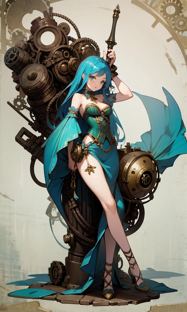 Copper bikini armor, copper crown, bare belly, big breasts, green hair, red eyes, bikini armor, copper, technology, scientist coat