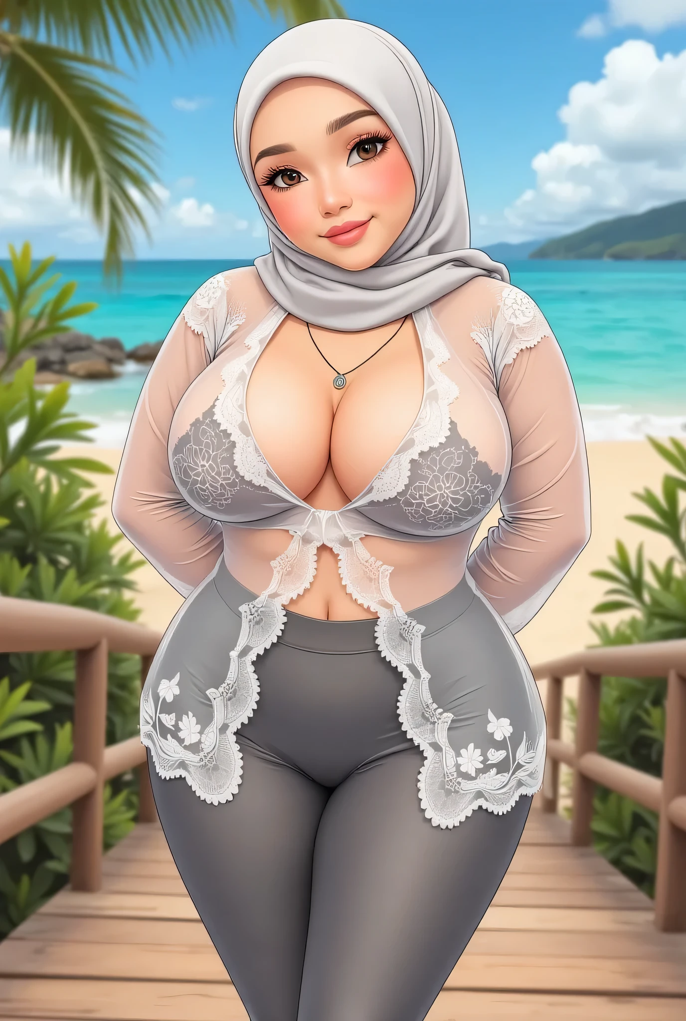 Body plump,   (Create plump cartoons Ghibli style), (masterpiece, best quality:1.2), 1 hijab girl, ((wearing hijab)), large breast, cleavage cutout, Alone, transparent unbuttoned kebaya_Bali, sexy white _lace_kebaya_bali, mid shot, close up, stands on bridge, smiling, Bali beach background, beach, KEDUA BELAH TANGAN DILETAK DIBELAKANG PUNGGUNG , GREY Transparent LEGGINGS SPORTS, (TATTOO)