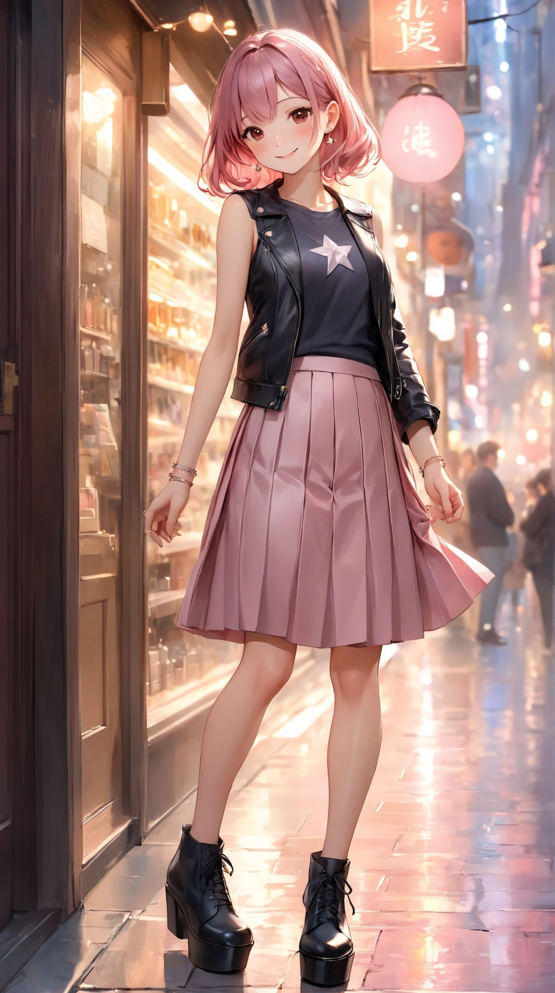 Stand in front of the photo、1girl in,Full body,a short bob,long boots,Open mouth and big smile、kawaii pose、Flowing iridescent silk、up of face、Eye Up、Colorcon with heart pattern、Floral dress、There are flowers even in front of you、flower petals、Fallen leaves and dragonflies、season!!:autumnal☀ 🍂