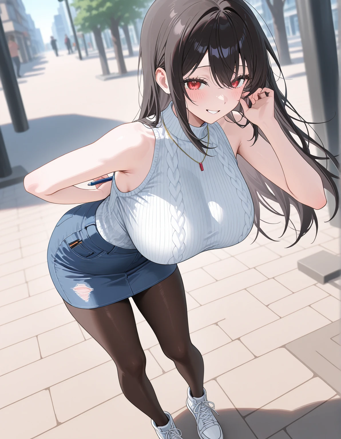 ((full body:1.4)), solo, 1 girl, ddlcyuri, ddlcyuri, hair ornament, hairclip, long hair, (purple eyes:1.1), purple hair, hair over eyes, ((happy face:1.4)) playground background, ((standing:1.4)), ((short jeans:1.4)), ((black tank logo:1.4)), ((underboob:1.4)), ((black thighhighs:1.4)), ((black converse shoes:1.4)), looking at viewer, (masterpiece:1.2), best quality, high resolution, unity 8k wallpaper, (illustration:0.8), (beautiful detailed eyes:1.6), extremely detailed face, perfect lighting, extremely detailed CG, (perfect hands, perfect legs, perfect anatomy), ((view from bellow:1.5))