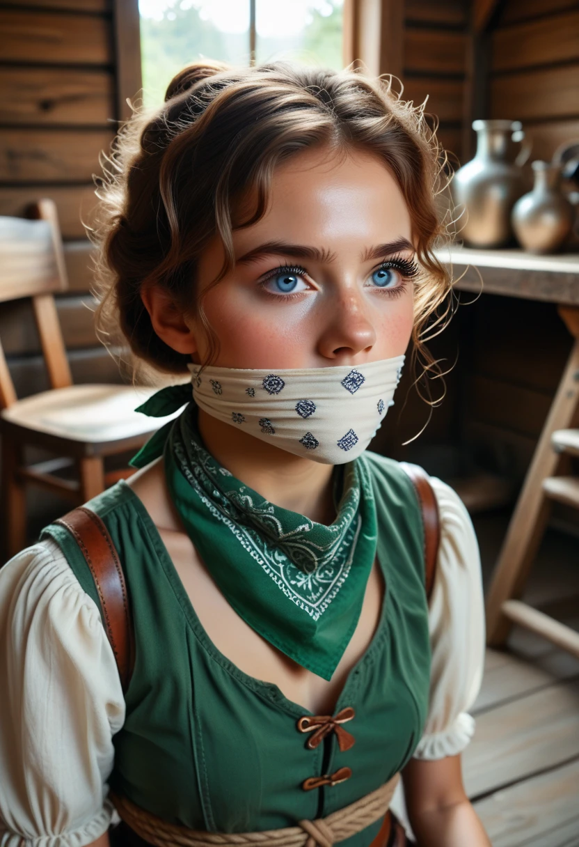 girl aged tthirteen named luna in a fantasy movie, blue eyes, brown hair tied in princess style, captured,green tunic, chair bound in a log wooden cabin, gagged with a big bandana gag long eyelashes, gagged, damsel in distress, DID movie, , chair tied, captured by a bandit, thirteen years of age girl