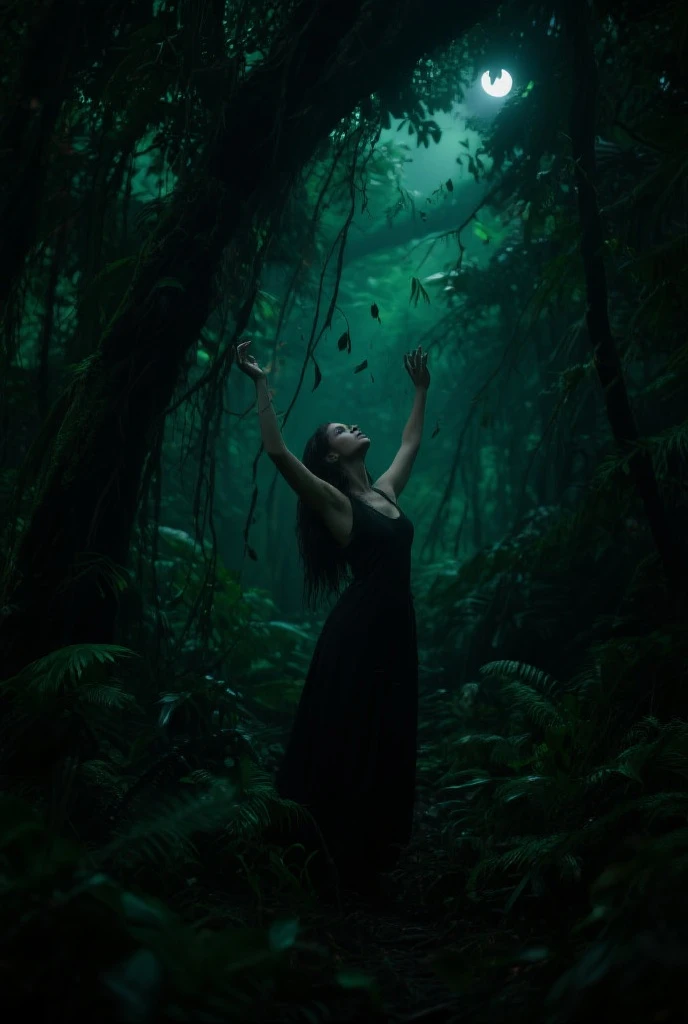 Big woman inside the tree at night setting there she looks like fairy tale wearing glowing effect clothes full body view