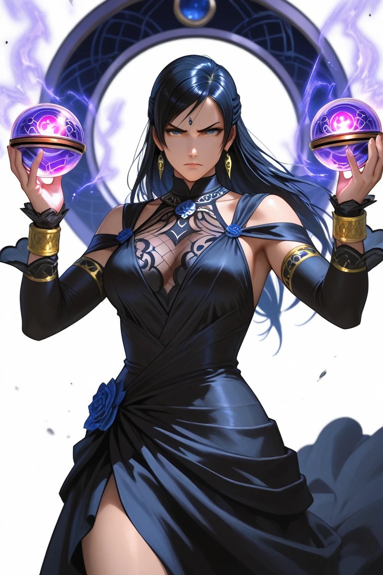 1 adult woman, vivid color, magic circle in the background, vividly depicted painting, (geometry tattoo), (cinematic), elaborate, magical power, detailed magic circle, cleavage,