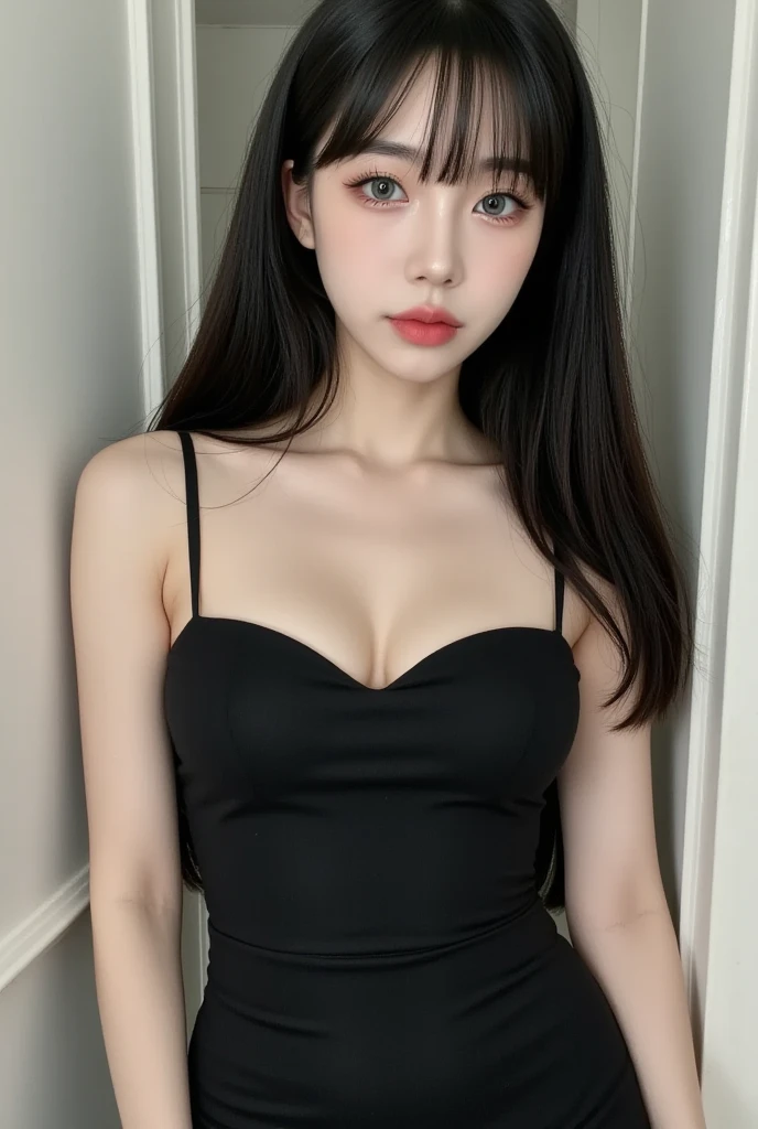 (lifelike,high resolution:1.3), A slim girl, The face shape and eyes are super delicate,black hair,red glossy lips,(beautiful face), (best quality), (Super detailed), (Extremely detailed CG unified 8K wallpaper),((tights)),(White background),(A little cleavage),(Model photo),sexy look,big eyes,(standing),(air bangs),(Slim waistline),Eyes look at the audience,Teardrop-shaped breasts,soft breasts,very realistic breasts,Character centered,