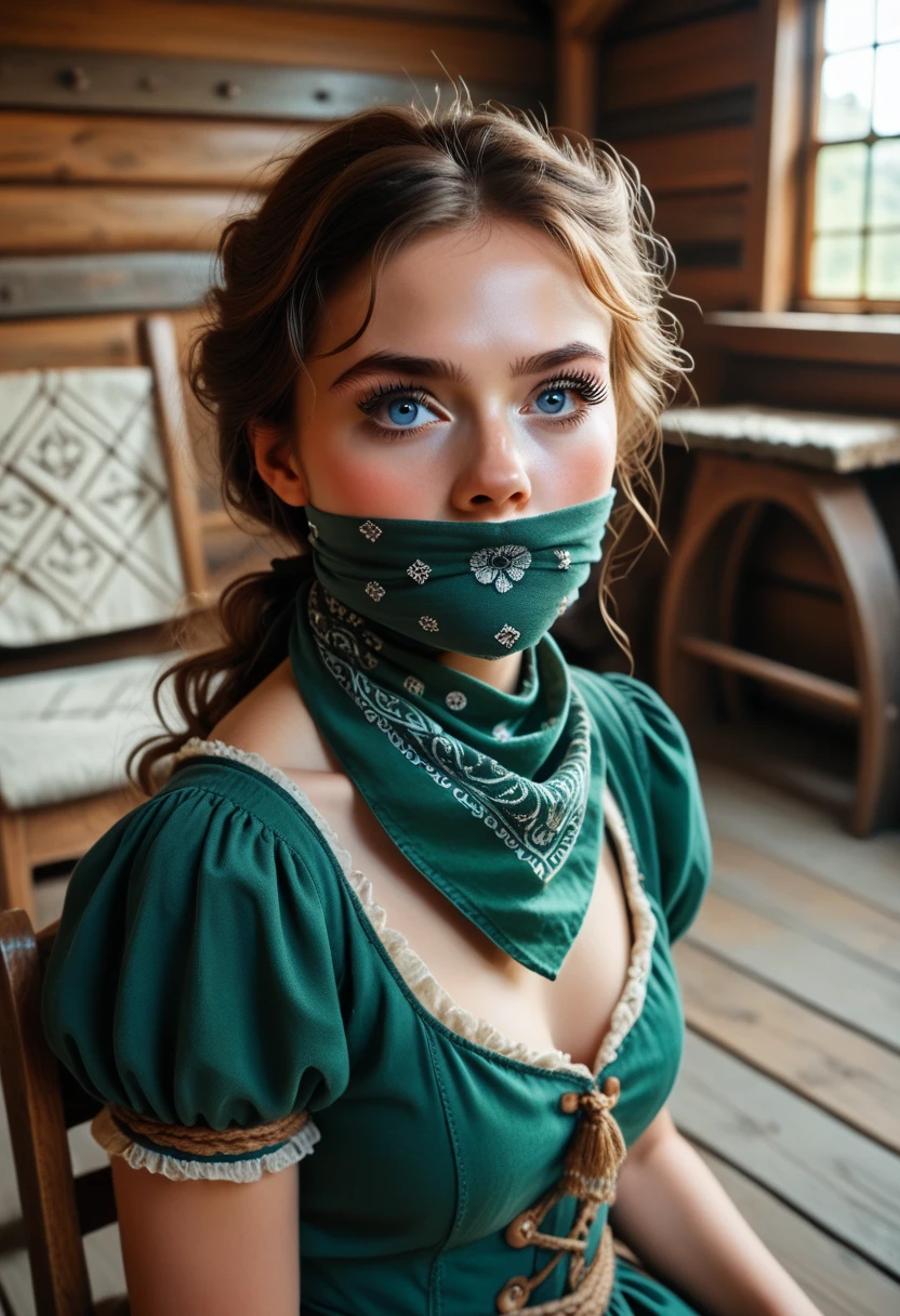 girl aged tthirteen named luna in a fantasy movie, blue eyes, brown hair tied in princess style, captured,green tunic, chair bound in a log wooden cabin, gagged with a big bandana gag long eyelashes, gagged, damsel in distress, DID movie, captured by a bandit, thirteen years of age girl, long eyelashes, 13 años