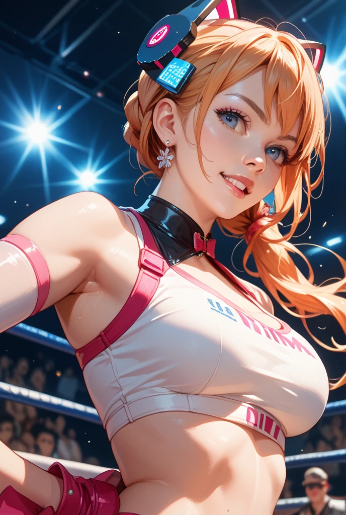 masterpiece, highest quality, (Highly detailed CG Unity 8k wallpaper), (highest quality), (Best illustrations), (Best Shadow), Confused, Realistic lighting, (abyss), Beautiful and delicate shine,victory,Random Pause,((Bare skin wet with sweat,Female professional wrestler)),Cute freckles on the cheeks,Mole under left eye,whole body,Hair wet with sweat,A leotard-type wrestling costume with gorgeous decorations,pain,suffering,ring,Plump,Villain wrestler,A female wrestler with pink dyed hair,During the game,Standing on the corner post,Chainlink Death Match,