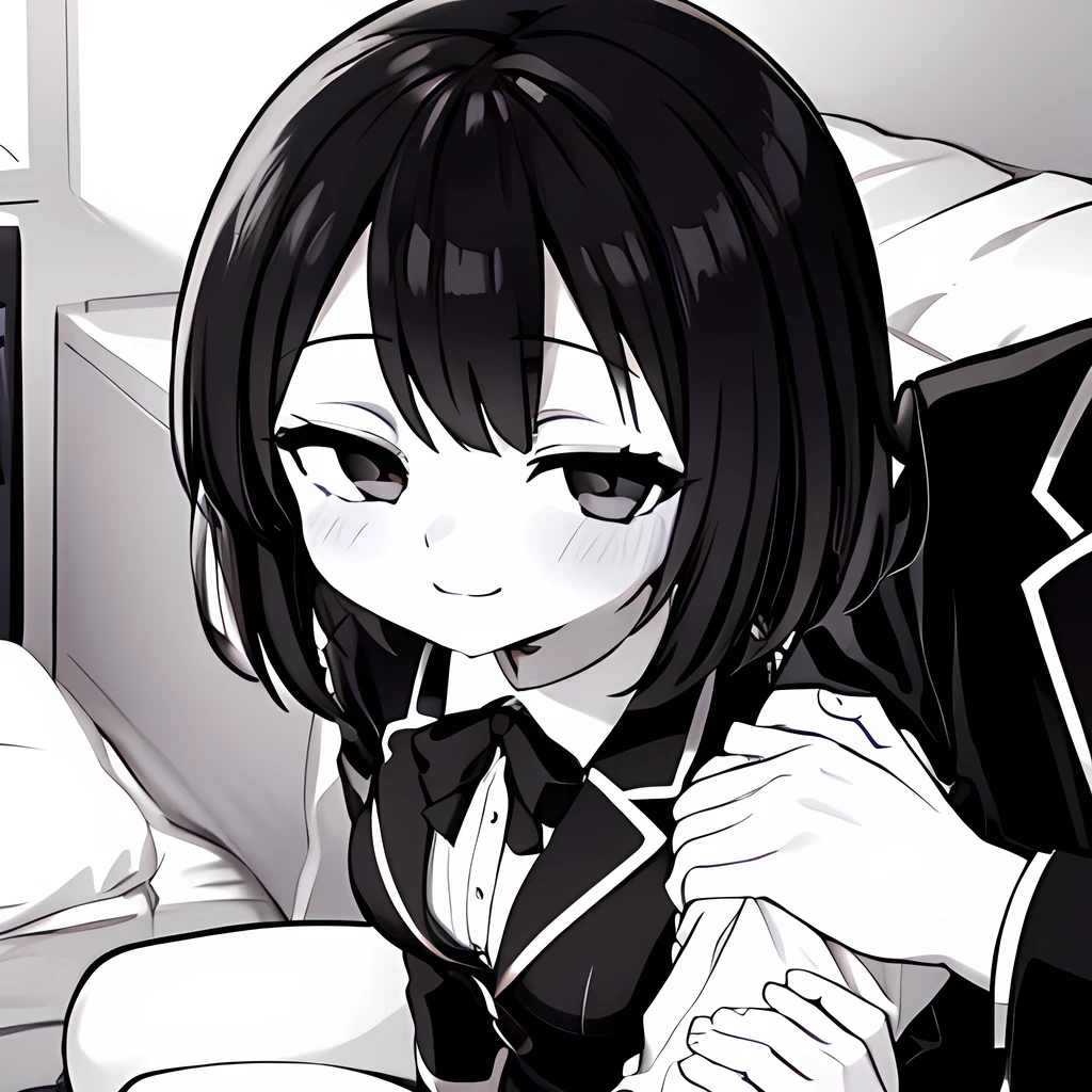 ((( Line art ))),((( monochrome:1.1))) ,1girl,1boy ,pov_arm_hug,iris , Dark Eyes ,( small eyes ),(Slanted Eyes) ,(black hair),( short hair ),bangs ,(half closed eyes),smile,embarrassed,(((short stature:1.2))),(black blazer ),white shirt ,red ribbon ,(big breasts ), (disproportionate breasts) ,in the house ,(((sitting side bed ))),in bedroom,upper body ,(((girl focus))),looking at down,