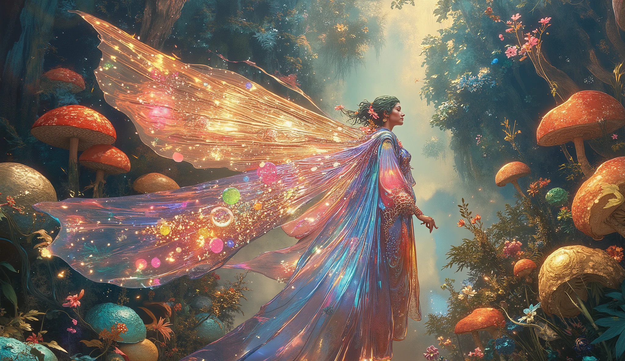 Aerial view of ethereal fairy artist with magnificent translucent wings spread wide, hovering above colossal mushroom forest while creating elaborate graffiti masterpiece, flowing iridescent robes billowing upward defying gravity, surreal otherworldly garden stretching to horizon, alien flora with impossible geometry and colors, melting oil gouache patterns forming living mandalas, dynamic spray paint creating three-dimensional illusions, magical dust particles creating light paths through air, dreamy atmosphere with volumetric fog, energetic yet serene composition, art by Alex Grey and Roger Dean and Julie Bell, hyperrealistic hyperdetailed digital illustration with postmodern elements, magical realism, dramatic lighting from multiple bioluminescent sources, vivid neon color palette with teal and magenta highlights, cel-shaded techniques with photorealistic details, cinematic wide-angle perspective, incredible depth of field showing microscopic details and vast landscape simultaneously, 8K resolution, unreal engine 5 rendering, artstation trending, award-winning fantasy concept art