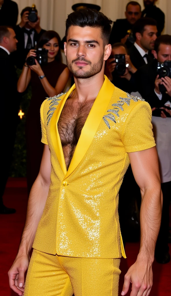 The image shows a man standing on a red carpet, dressed in a black jacket ensemble with a cut-out mesh bustier that shows off her chest.