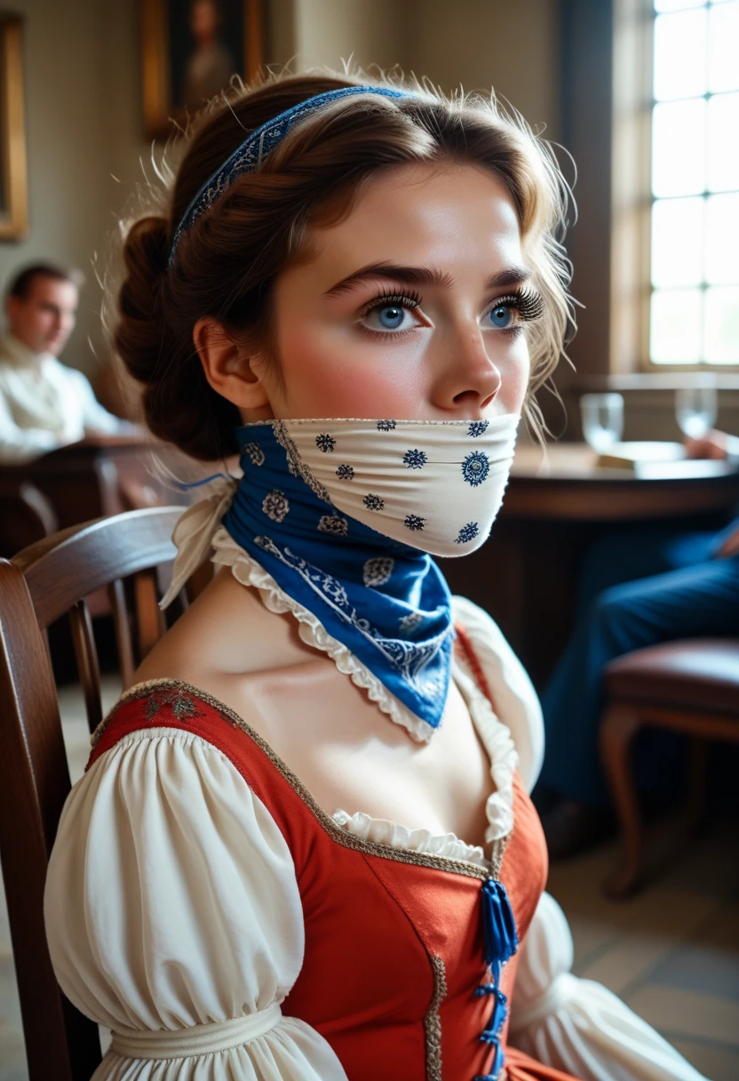 small girl aged tthirteen named luna in a fantasy movie, blue eyes, brown hair tied in princess style, captured,princess dress, chair bound, gagged with a big bandana gag long eyelashes, tied and gagged, damsel in distress, DID movie, captured by a bandit, thirteen years of age girl, long eyelashes, 13 años, damsel in distress, tied up