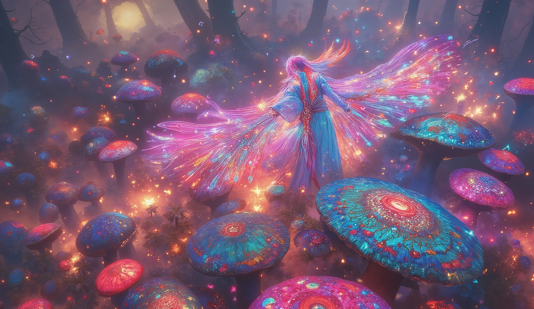 Aerial view of ethereal fairy artist with magnificent translucent wings spread wide, hovering above colossal mushroom forest while creating elaborate graffiti masterpiece, flowing iridescent robes billowing upward defying gravity, surreal otherworldly garden stretching to horizon, alien flora with impossible geometry and colors, melting oil gouache patterns forming living mandalas, dynamic spray paint creating three-dimensional illusions, magical dust particles creating light paths through air, dreamy atmosphere with volumetric fog, energetic yet serene composition, art by Alex Grey and Roger Dean and Julie Bell, hyperrealistic hyperdetailed digital illustration with postmodern elements, magical realism, dramatic lighting from multiple bioluminescent sources, vivid neon color palette with teal and magenta highlights, cel-shaded techniques with photorealistic details, cinematic wide-angle perspective, incredible depth of field showing microscopic details and vast landscape simultaneously, 8K resolution, unreal engine 5 rendering, artstation trending, award-winning fantasy concept art