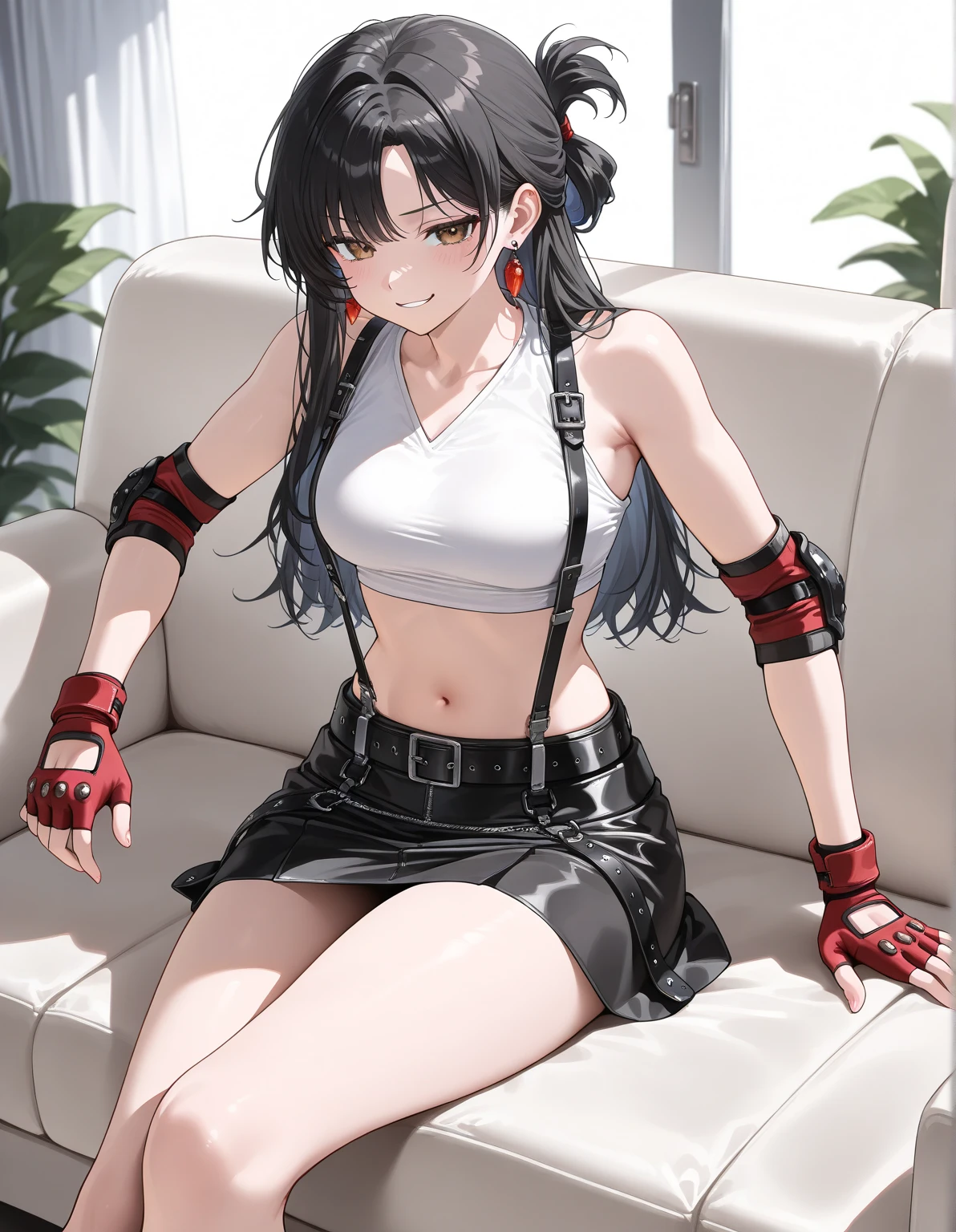 A woman wearing the standard costume of Tifa Lockhart, Final Fantasy VII (SQUARE ENIX) long black hair, red eyes, smiling, Ahoge, short white shirt without tight sleeves, black skirt, black socks, red sneakers, red gloves, in a room luxury with marble, full body. shadow, flower, UHD, masterpiece, accurate, anatomically correct, textured skin, super detail, high quality, best quality, 8k, high resolution, bokeh effect. (solo woman)