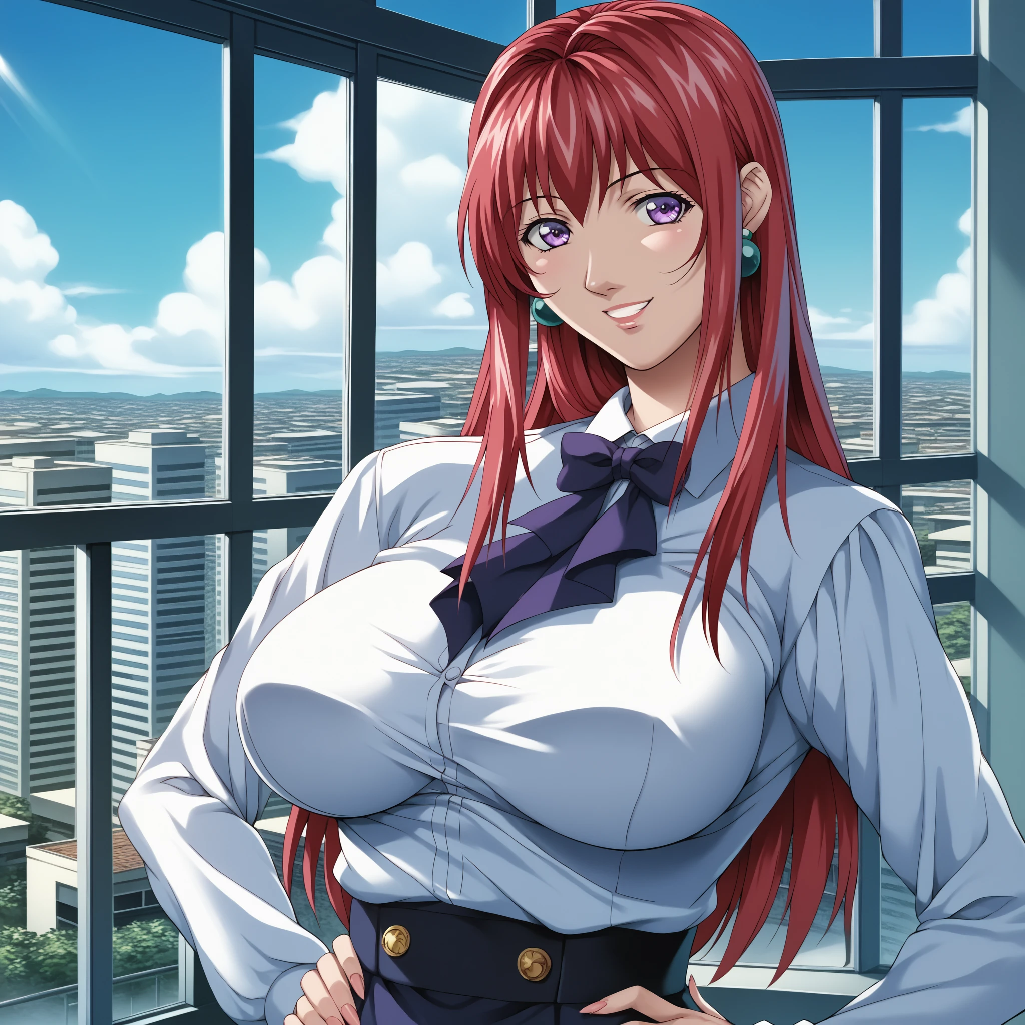 (masterpiece, best quality, high quality:1.4), professional artwork, intricate details, vision, sharp focus, detailed painting, movie lighting, Hot topics on pixiv, (vivid lights, bright colors, author：Nagasawa rose gold:1.05), Hiroko Takagi, (adult, milf:1.2), (40 years old:1.1), (Beautiful curves:1.15), Put your hands on your waist, classroom, window, (Cowboy shooting:1.1), close up, looking at the audience, (Red hair:1.05), long hair, lipstick, cosmetic, Super detailed hair, Super detailed face, (purple eyes:1.05), perfect eyes, perfect face, earrings, (Hitting on someone, blush:1.2), (White shirt, purple jacket:1.1), (black stockings, garter belt:1.1), (Absolute opportunity:0.8), pencil skirt, [[[close upcleavage]]]]Huge long saggy breasts, looking at the audience，cleavage,, (Big breasts:1.05), (split:0.9), big ass, thigh, Super detailed eyes, super fine lips, Embrace, kiss, French kiss, Kitami Reika, Hiroko Takagi kiss Kitami Reika,