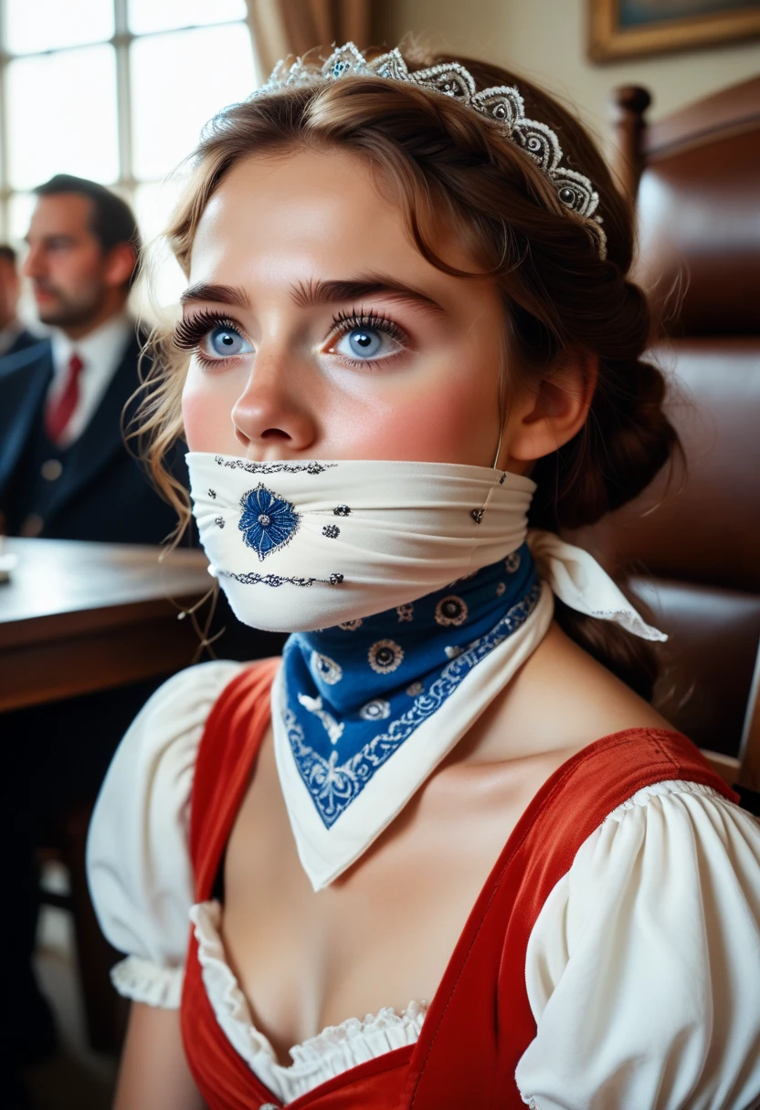 small girl aged tthirteen named luna in a fantasy movie, blue eyes, brown hair tied in princess style, captured,princess dress, chair bound, gagged with a big bandana gag long eyelashes, gagged, damsel in distress, DID movie, captured by a bandit, thirteen years of age girl, long eyelashes, 13 años, damsel in distress