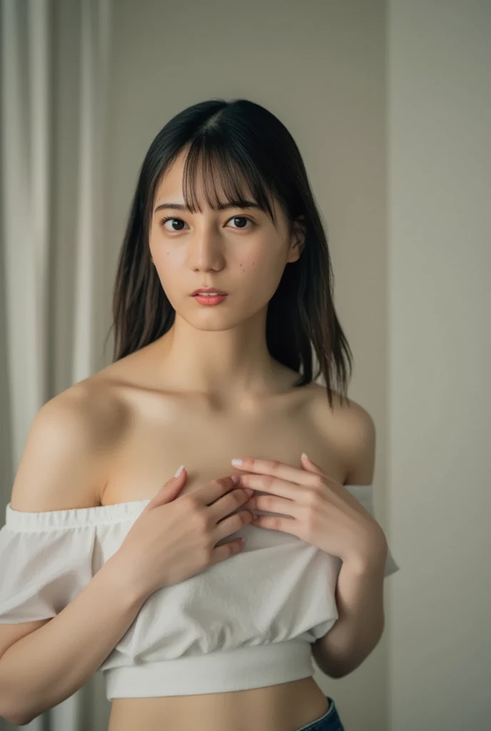 neat college girl、petite person、(((White bathrobe、very small chest、flat breast、Chest without bulge、the chest is not visible、Hidden by hair or bathrobe, breasts are not visible、white  panties、10years old girl)))、Outside the field、(Slimed、small tit、flat boobs、small tit)、Photorealsitic、detaileds, Skin Texture, ultra-detailliert、Delicate and sexy collarbone、troubled look、Super Detailed Face、Detailed lips、A detailed eye、二重まぶた、all-fours、sexy  pose、10years old girl、Wet White Sheer Camisole