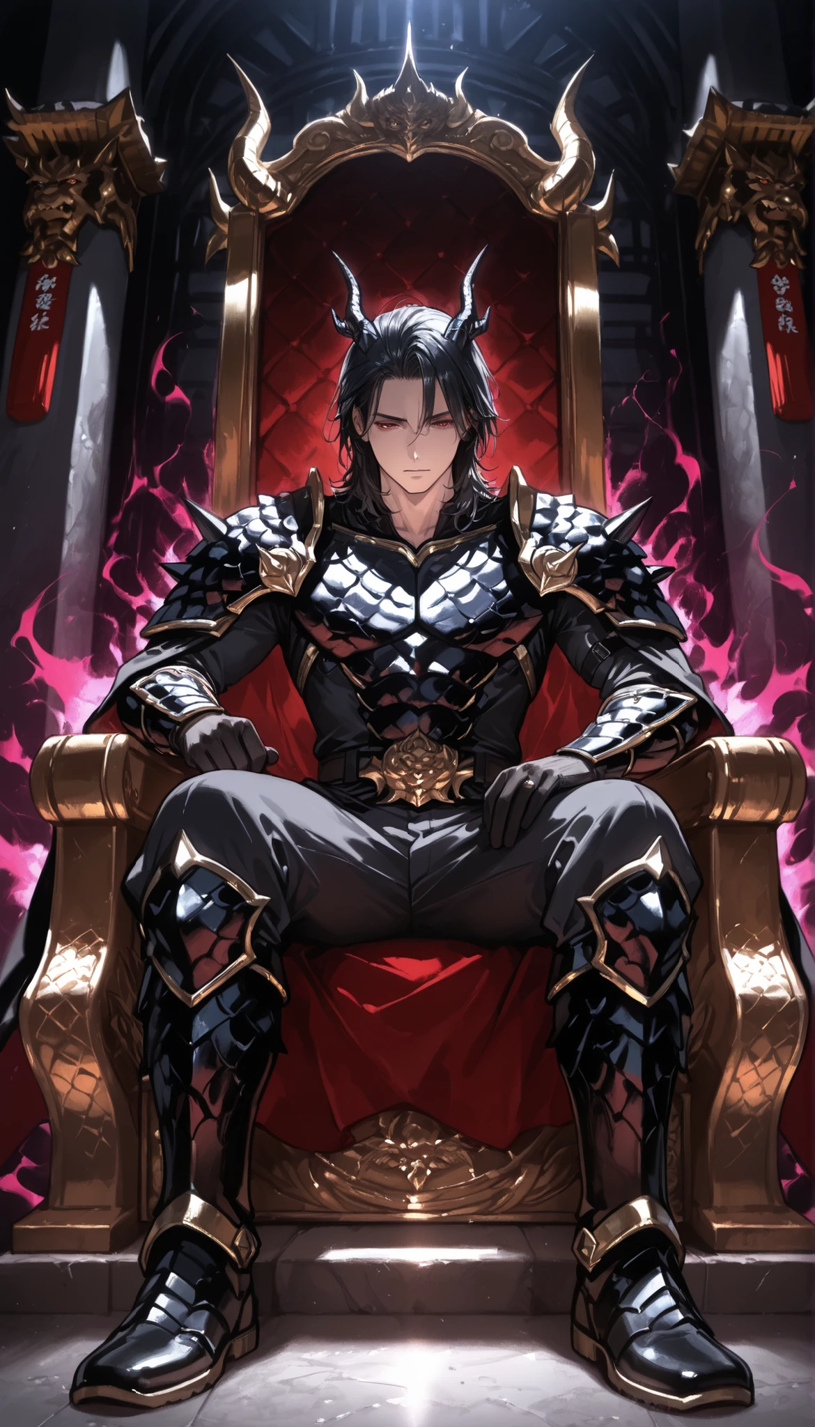 yakuza young boy, ,medium hair, handsome, black dragon armor suit, dragon boots Japanese dragon decoration、sitting, throne, dragon hall, black aura