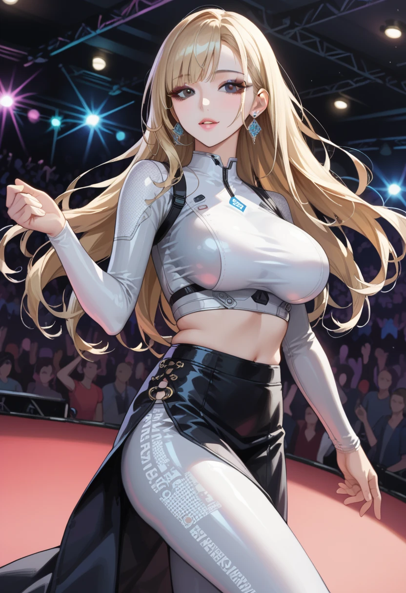 1 female,golden hair,25 years old,(((blue shiny micro tight skirt)))((white tank top))(((blush、open mouth smile)),(((straight hair))),(((portrait))),crowd,,(wet with sweat)(sexy black bra and see-through tank top)()(((small breasts)))leather thigh high boots