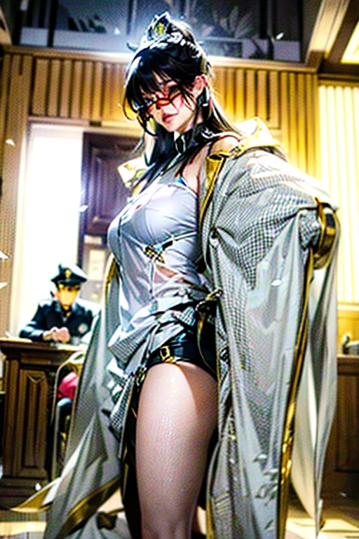 1girl, intricate detail, masterpiece, best quality, extremly detailed,cinematic lighting, beautiful detailed glow, finely detailed beautiful face and eyes, 8k, dark intense shadows, yellow eyes, medium hair, black hair, bangs, floating hair, black jacket, open jacket, white shirt, expressionless, yellow necktie, black skirt, spotlight, sunshine, sunrise, gradient sky, city, lens flare, cowboy shot, [[curvy]], [mature female]
