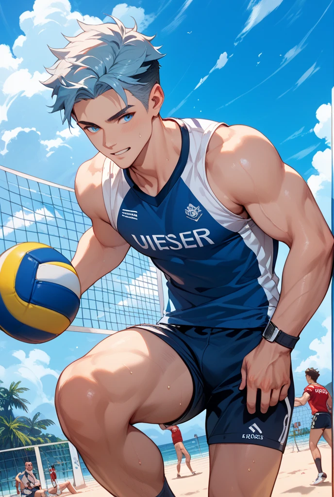Cartoon photo of a man in a white swimsuit, gender change, gender change(Girls to boys), Wet swimsuit, Man with short silver hair, wearing a swimming wear, garments:High-cut swimwear, Rogue Anime Boy, short-hair, Swimsuit, Cute boy in tank suit, onepiece swimsuit
