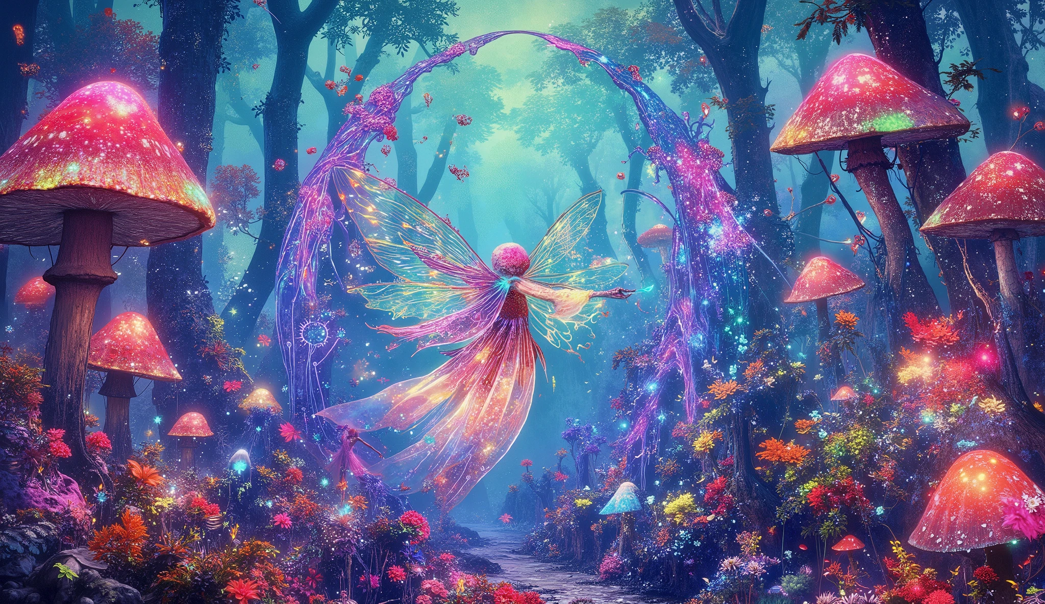 Aerial view of ethereal fairy artist with magnificent translucent wings spread wide, hovering above colossal mushroom forest while creating elaborate graffiti masterpiece, flowing iridescent robes billowing upward defying gravity, surreal otherworldly garden stretching to horizon, alien flora with impossible geometry and colors, melting oil gouache patterns forming living mandalas, dynamic spray paint creating three-dimensional illusions, magical dust particles creating light paths through air, dreamy atmosphere with volumetric fog, energetic yet serene composition, art by Alex Grey and Roger Dean and Julie Bell, hyperrealistic hyperdetailed digital illustration with postmodern elements, magical realism, dramatic lighting from multiple bioluminescent sources, vivid neon color palette with teal and magenta highlights, cel-shaded techniques with photorealistic details, cinematic wide-angle perspective, incredible depth of field showing microscopic details and vast landscape simultaneously, 8K resolution, unreal engine 5 rendering, artstation trending, award-winning fantasy concept art