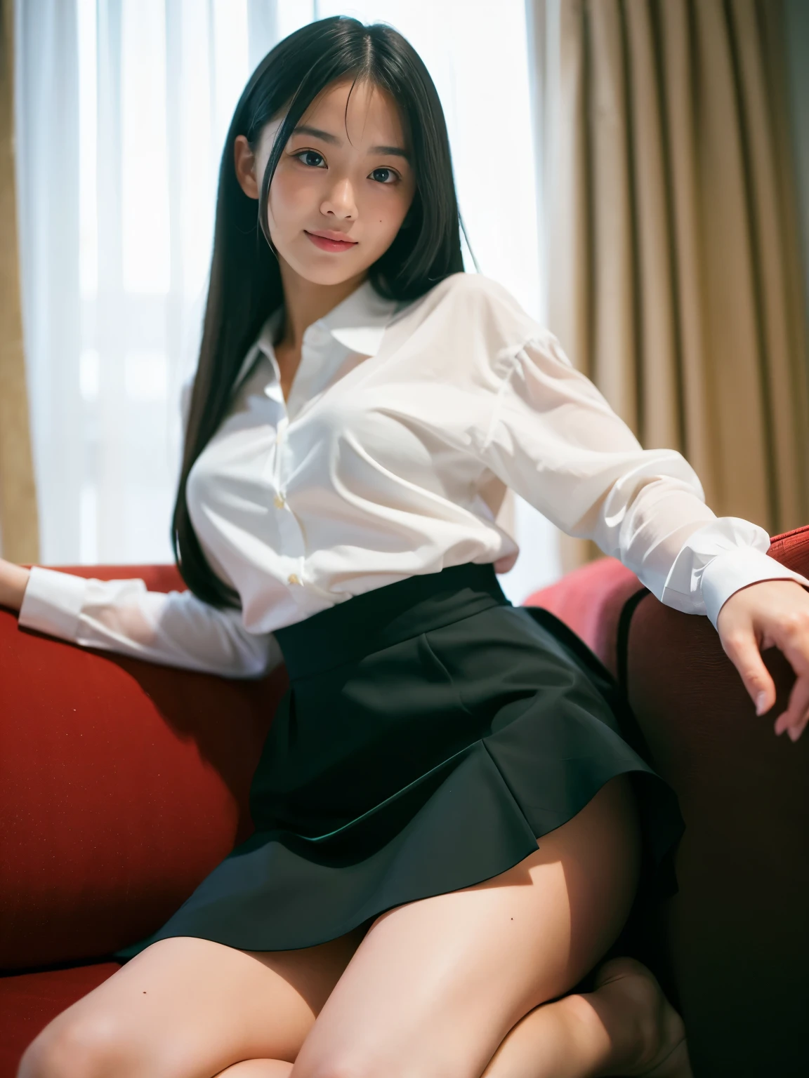 Masterpiece, photorealistic masterpiece, professional photography, in high resolution, attractive pose, wonderful full color, ultra-detailed vivid, colorful and perfect iconography, close-up of one woman, standing in the center of tea shop, dark room, dark night, backlit details from window, calm colors, 35mm masterpiece, smile, big breasts, simple white shirt, ((View viewer:1.1)), ((long flared skirt)), cowboy shot, (spread legs), (((lift the skirt yourself)), ((show me panties))), lift clothes, (ruffled panties), panchira, white panty