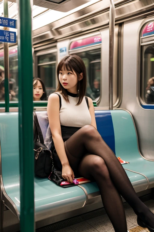 "(Masterpiece, High Definition, Ultra High Definition, 4K) Black hair, Japan girl, uniform skirt, emphasizing thighs, white thighs, soft thighs, glossy thighs, sitting on the train, face-to-face angle, (angle from below),sitting in the train seat,Sitting in front,Zoom camera in the crotch,Feet on the train floor,Full body,Looking down and sleepy,Looking at the viewer only", best quality, ultra high definition, (photorealistic:1.4),, high resolution, detail, raw photo, sharp re, Nikon D850 film stock photo by Lee Jefferies 4 kodak portra 400 camera f1.6 lens rich colors hyper realistic lively textures dramatic lighting unreal engine artstation trends cinestir 800,Hold iphone 14,Fan bing bing,