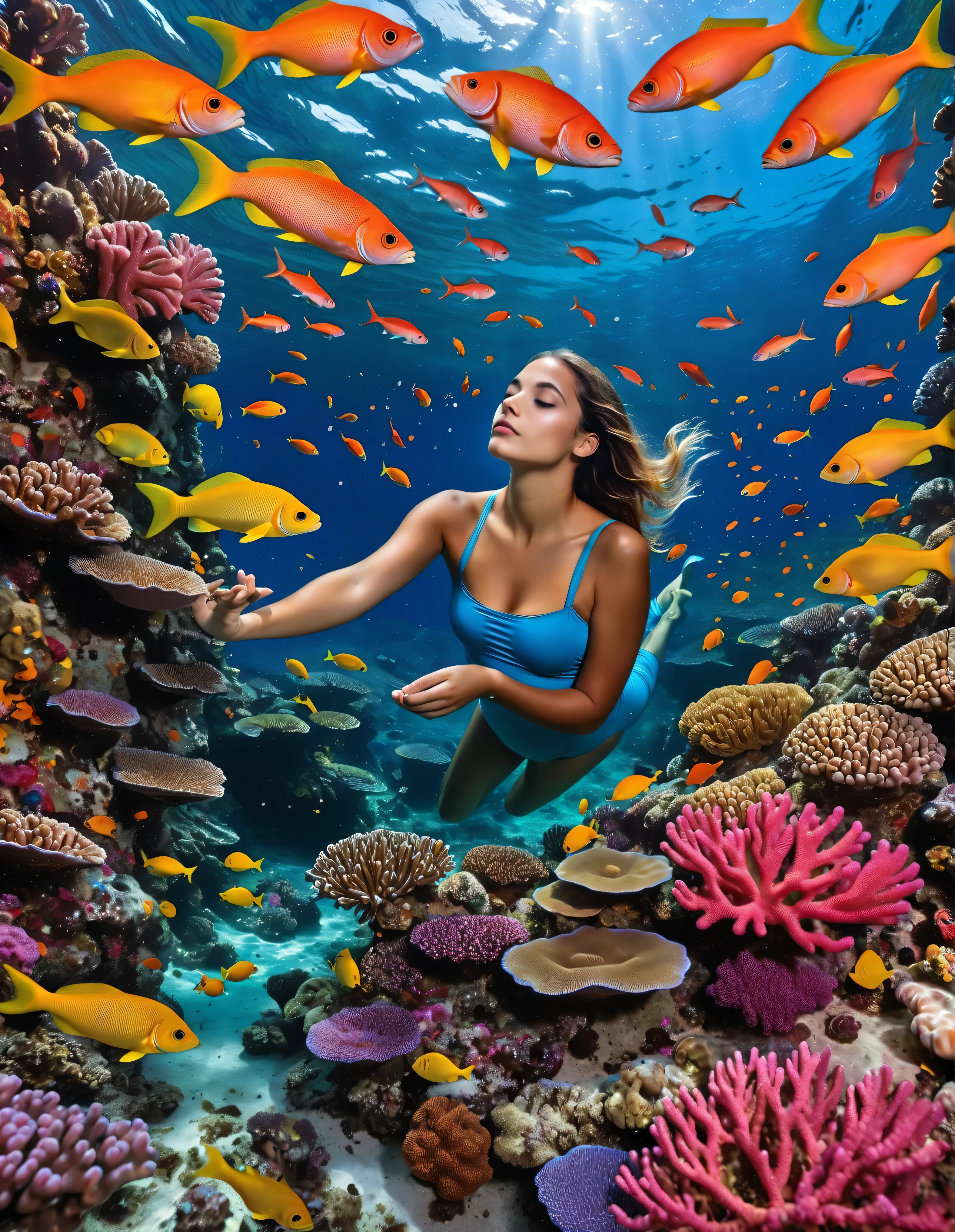 close up of a young woman in a black one-piece bathing suit, swimming in the crystal clear turquoise-green water, surrounded by dozens of gigantic fleshy eels, in the style of dark emerald and light amber, raking sunlight from high above, vertical view looking down, surreal-punk theme, in the style of Terry Gilliam's 'Brazil', by Jacek Yerka and Cliff McReynolds