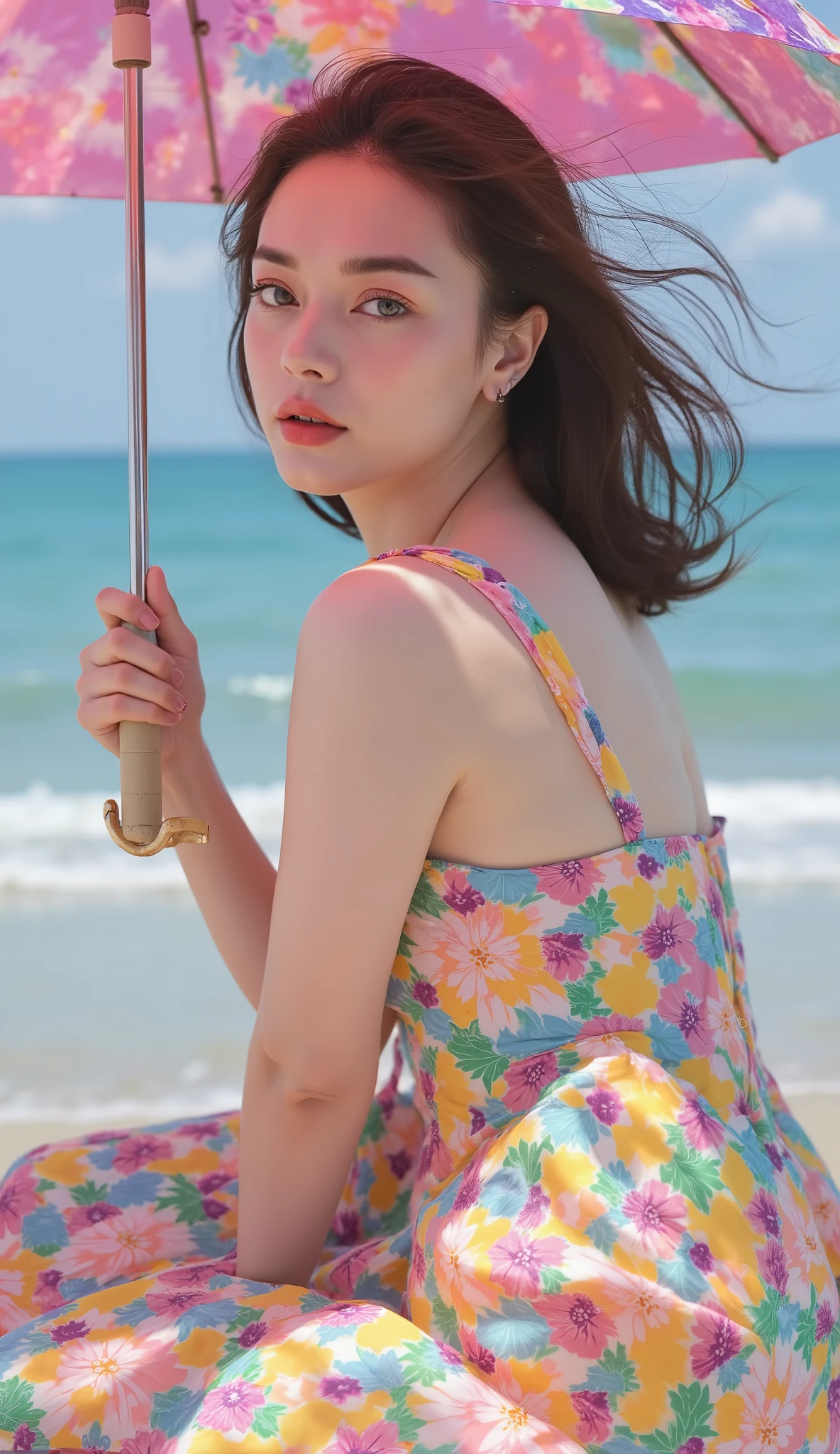((Realistic top quality)) Resolution 16K , ((Realistic Photos:1.55)), (plump muscle Girls:1.4) 31 years old、fashion supermodel、Movie Light, (Improve quality:1.2), (best quality textures:1.2), Beautiful and cute according to fashion, of the Japanese girl: 1.6, Bunch of flowers, Random Hairstyle, , sitting under an umbrella, , near the sea,  colorful slip dress, random colors , , hair fluttering in the wind , Indigo blue and white clouds, sexy and delicate collarbone, Covering a plump muscle body, curvy sexy body  , cute oval face , Double eyelids, Brilliant peach eyes , pink lips, Small nose raised, bare shoulders, Clear focus, face close-up, super high resolution, in detail, Ultra-thin translucency , Fresh and good , Crystal clear, pink flowers on hand
