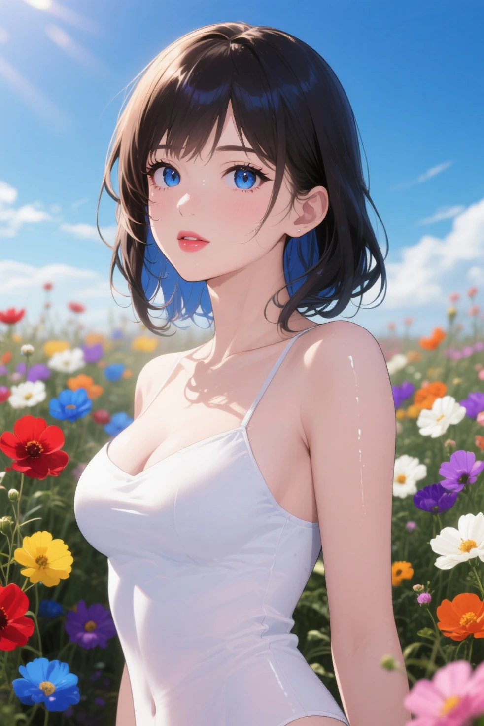 Kujou Sara| genshin impact, master-piece, bestquality, 1girls,25 years old, proportional body, proportional., Wedding Dresses, White Wedding Dress, Long skirt, Big skirt, mediuml breasts, ,bara, choker, Standing in the middle of a flower garden, outdoor, The sky is beautiful, arm behind back, View viewers from the front., Thigh strap, Head tilt, bored, HD, slight smile,
