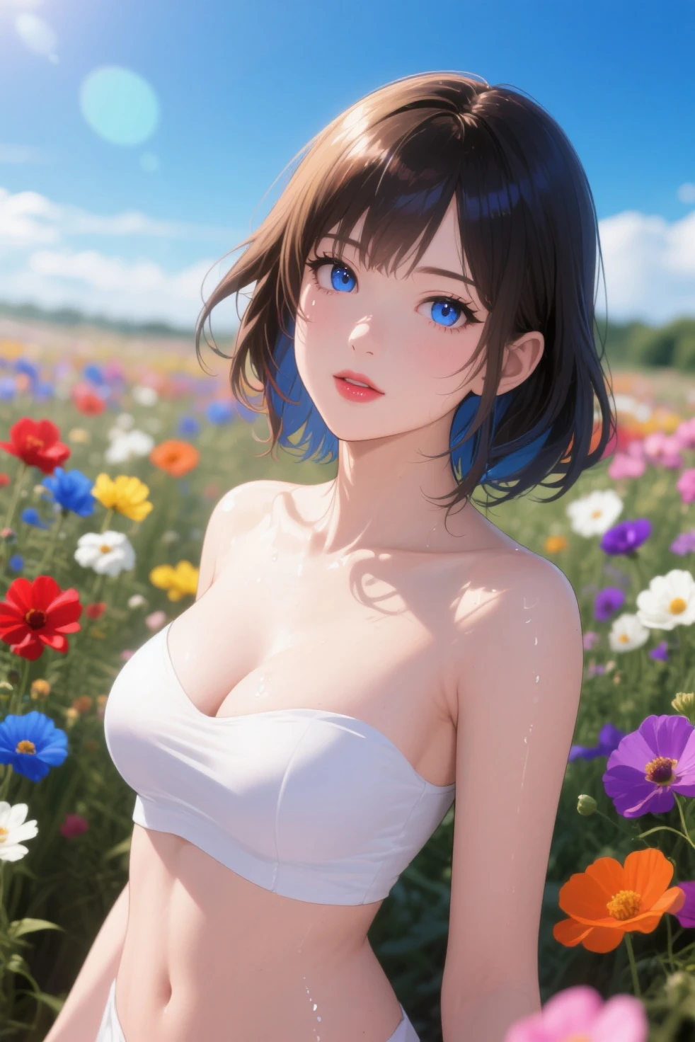 ((best quality)), sexy, brown hair, green eyes, pretty, skimpy robes, colourful flower field, massive breasts, colours, sexy, upper body, cleavage, sunset, sexy,