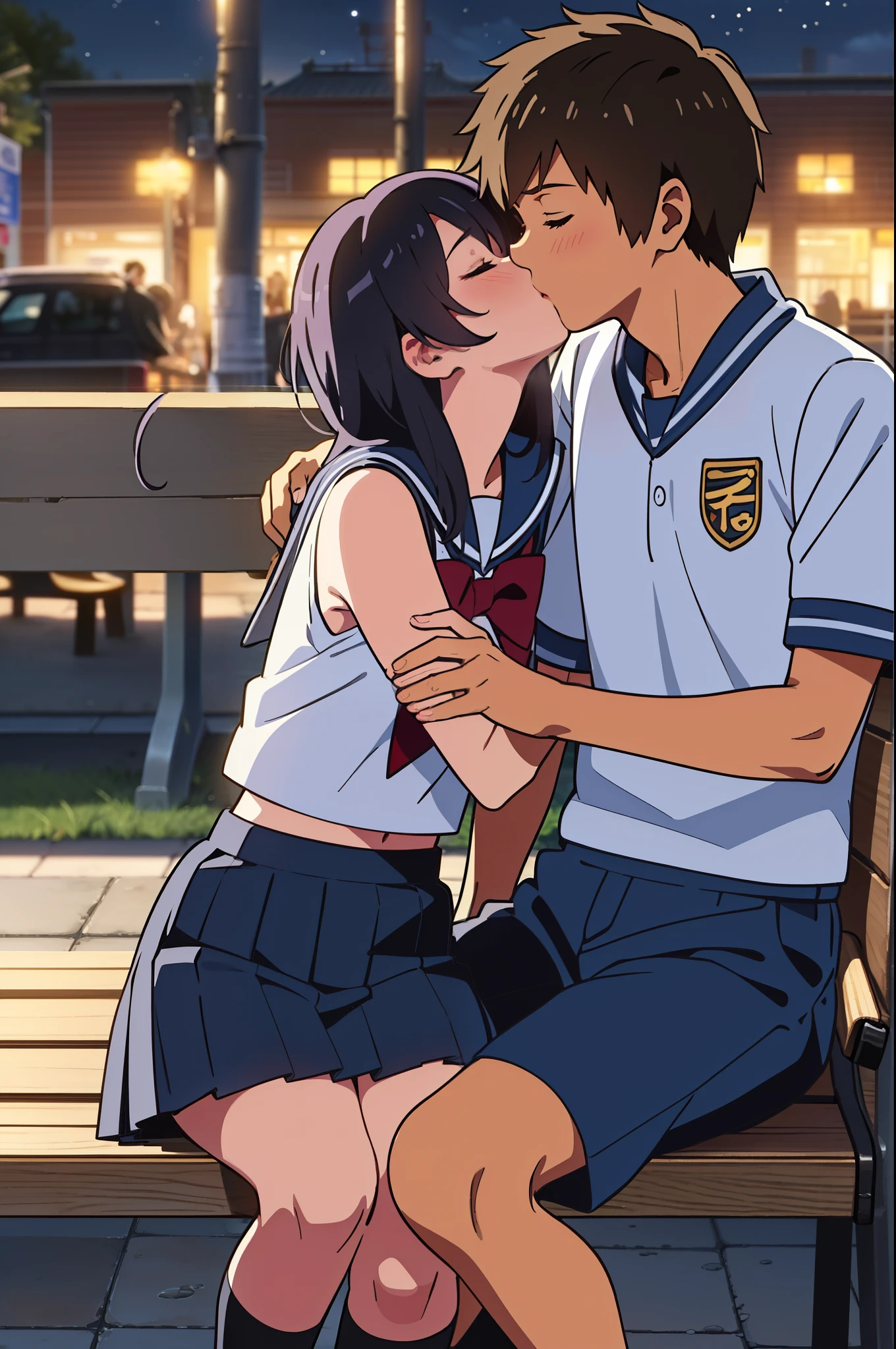 A middle-aged man is kissing a topless, pantyless, blue-checked skirt-wearing girl with erect nipples, short black hair, small breasts and pale pubic hair, as she spreads her legs and cries on a train.