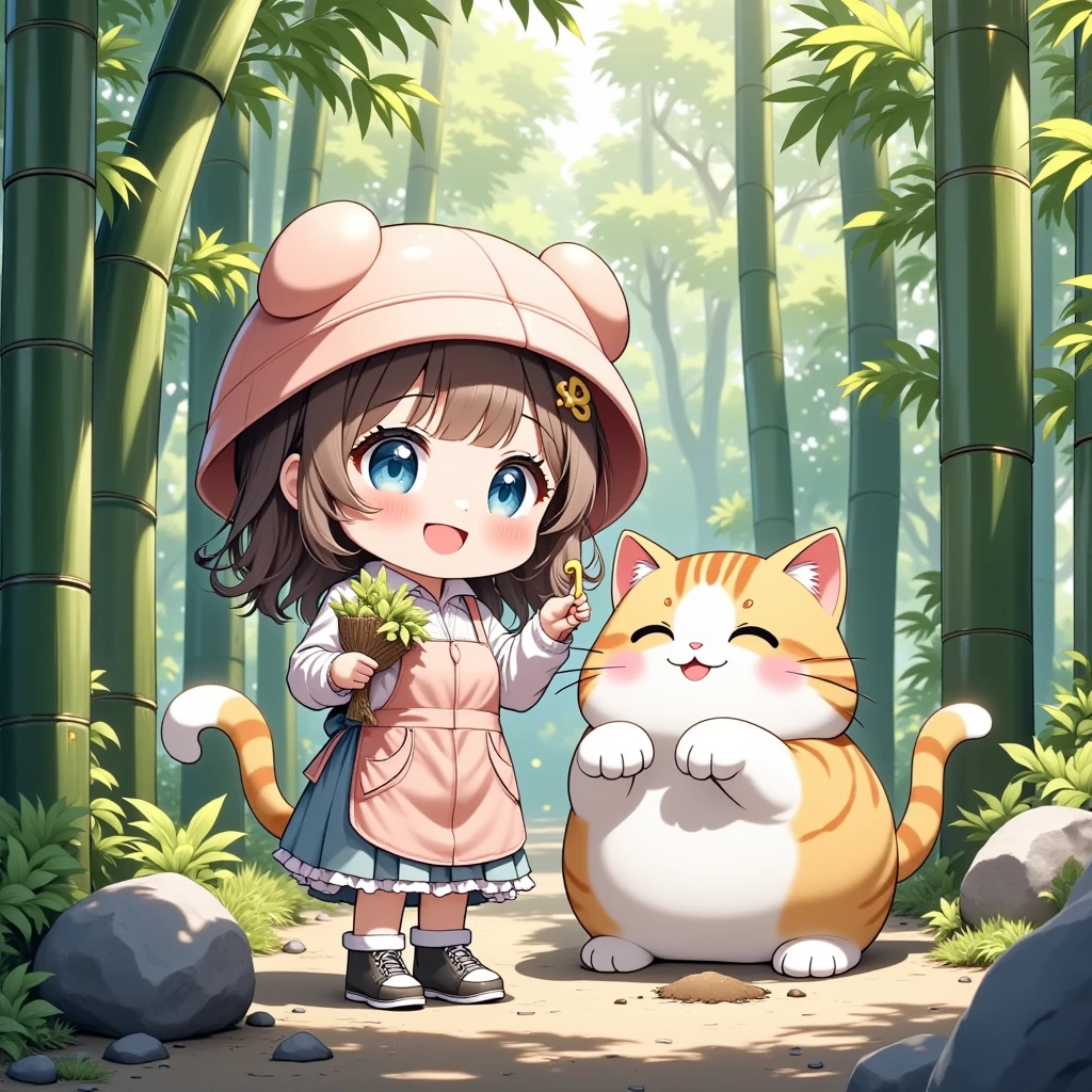 ultra detailed Animation, dramatic scene, shadow, perfect anatomy, accurate limb proportions, chibi girl\( Japanese famous young idol chibi girl, chibi, very beautiful with very cute face, large breasts, slim waist, wearing a casual outdoor wear with pastel colored nylon jacket, outdoor boots, hair accessories\), cat\( cute tabby cat, cute face, extremely detailed fur, intricated pattern\), bamboo forest in spring, anime chibi girl wearing a cute hat and apron, holding a small shovel, her giant cat playfully digging with its big paw, freshly unearthed bamboo shoots nearby, soft sunlight filtering through the bamboo, vibrant green hues, calm and cheerful atmosphere, traditional Japanese elements, springtime vibes