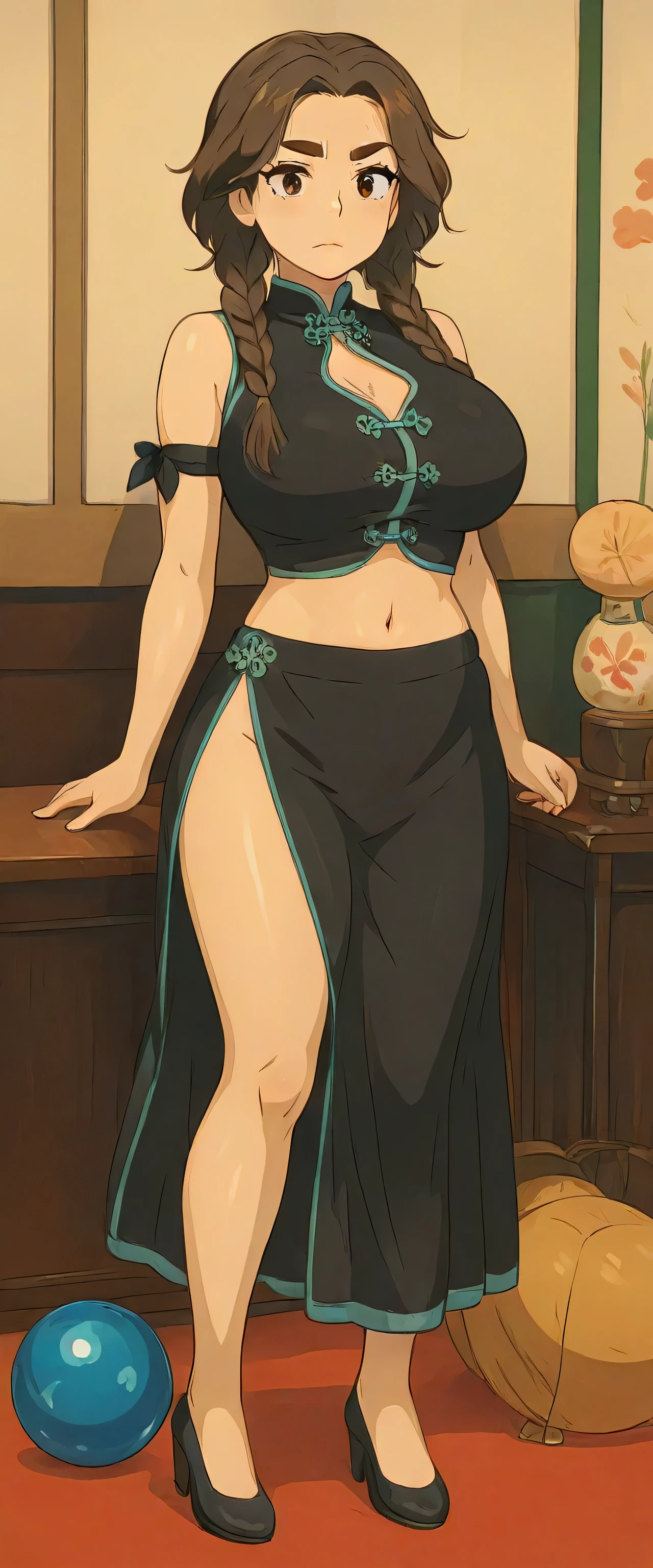 A sexy girl beautiful big breasts beautiful dark brown hair long wavy ball on top braids china her light brown eye large eyebrow wide eyelash long large dresses top black vest Asiatica china shows navel and a black skirt Asian dress legs thigh black heel small arm armband spine
