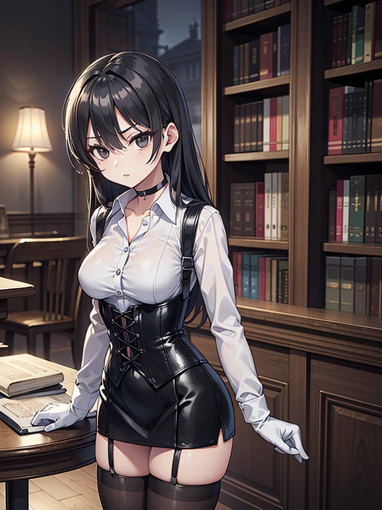 masterpiece, best quality, highres, 4k, 8k, intricate detail, cinematic lighting, amazing quality, amazing shading, soft lighting, Detailed Illustration, anime style,
maisakurajima, <lora:mai-sakurajima-s1-ponyxl-lora-nochekaiser:0.8>,
mai sakurajima, long hair, bangs, black hair, hair ornament, purple eyes, hairclip, rabbit hair ornament,
bow, animal ears, cleavage, bare shoulders, pantyhose, bowtie, black footwear, rabbit ears, high heels, leotard, black pantyhose, strapless, black bow, detached collar, fake animal ears, playboy bunny, black leotard, strapless leotard, thighband pantyhose, black bowtie,
indoors, library, walking,
looking at viewer, full body,