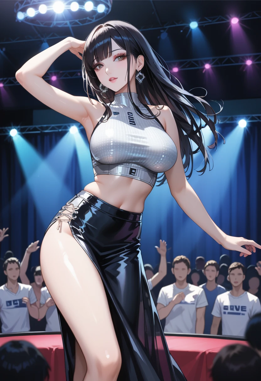 (8k, Ultra-high resolution, The best masterpiece, best quality:1.2), Very detailed, Complete Solution, (actual, actual photo: 1.37), portrait, focus on eyes, HD RAW photos, career arrest, High quality and beautiful, 超高清 8k 影像照片, confess, Professional photography, Very detailed的美麗女孩, Super delicate face shape, Contoured eyes, (Very detailed eyes), Precisely shaped nose, expressive lips, Delicate skin, (HD Skin:1.2), Neatly contoured fingers, Every feature is carefully displayed, (25:1.2), Twenty generations, cute girl, Beautiful mature lady, solo, k-pop artist, Very beautiful Korean singing idol, (Sing:1.2) (Dynamic dance performance poses:1.2), Vibrant look, (Creative colorful idol skirt:1.2), shiny decoration, top idol, Dynamic long hair, sparkling amber eyes, red lips, Heavy makeup, Big breasts, (Hold the microphone), one hand raised, Sensual dance, powerful dance, (music stage) Indoors, large concert, (neon lights:1.3), stage spotlight, (Colored spotlight), swirl pattern, (audience:1.2), (A group of energetic and passionate fans:1.4), perfect anatomy, Detailed background, HD Background, , (Volumetric lighting, Dynamic lighting:1.2), actual, stunning details, 8k Ultra HD, high quality, CG unity, C4D Rendering, 3D Rendering