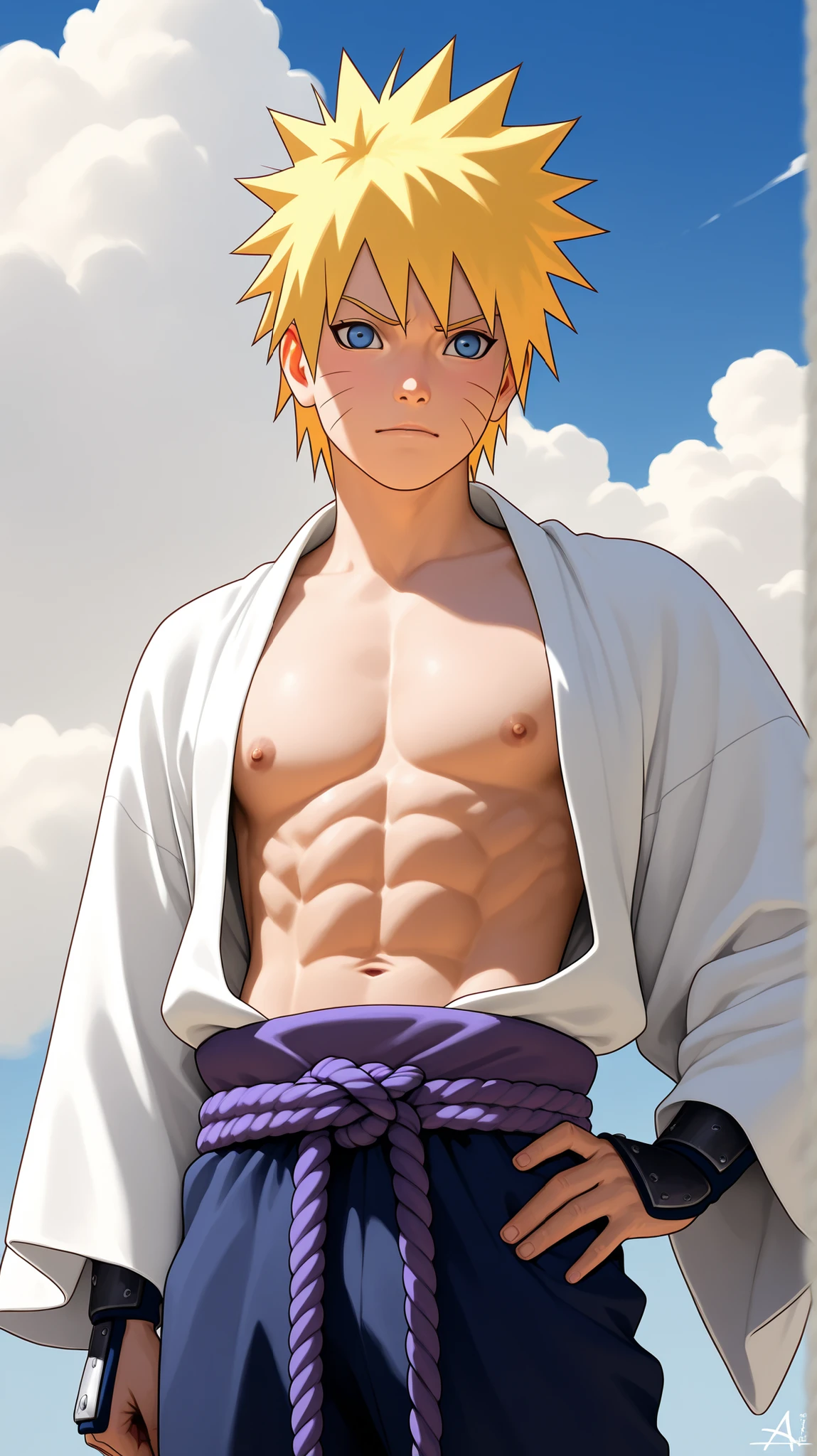 “A high-definition anime-style boy illustration of Naruto Uzumaki He wears a long sleeve white kimono that is left open at the torso, revealing his chest and abs. Naruto has his signature spiky blond hair, blue eyes,semi-realistic anime artstyle, and clean line art,nipple,blue sky background with cloud, realistic hair,hand on hip,a little bit skinny,slightly furrowed eyebrows,His outfit consists of dark blue pants with a blue cloth hanging over them from his stomach to his knees, secured with a thick purple obi rope belt tied at the waist.He wears black arm guards,puff up chest